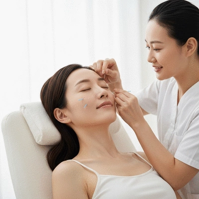 User receiving acupuncture treatment for eye health
