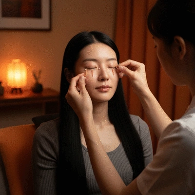 Lifestyle image of acupuncture session focusing on eyes